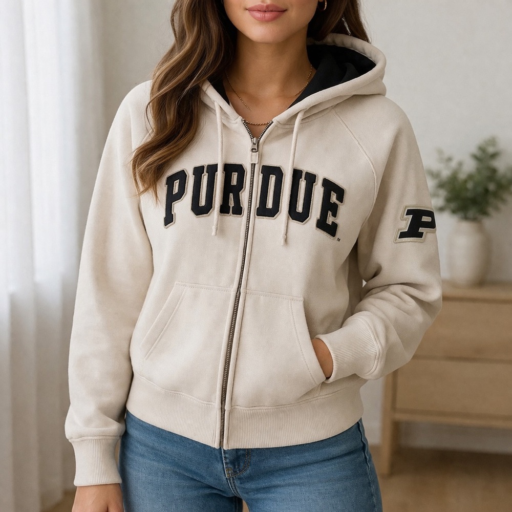 Purdue Women's Cream Thick Warm High Quality Hoodie Zip Sweatshirt Size Small